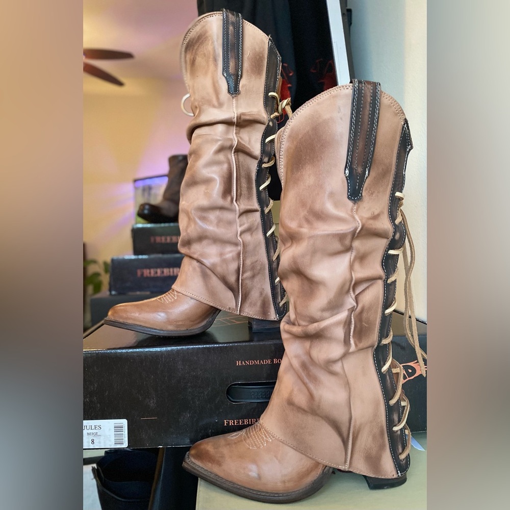 Freebird Tan Jules • Tall Corset Lacing Snip Toe Women’s Heeled Boots • Sz 8 New